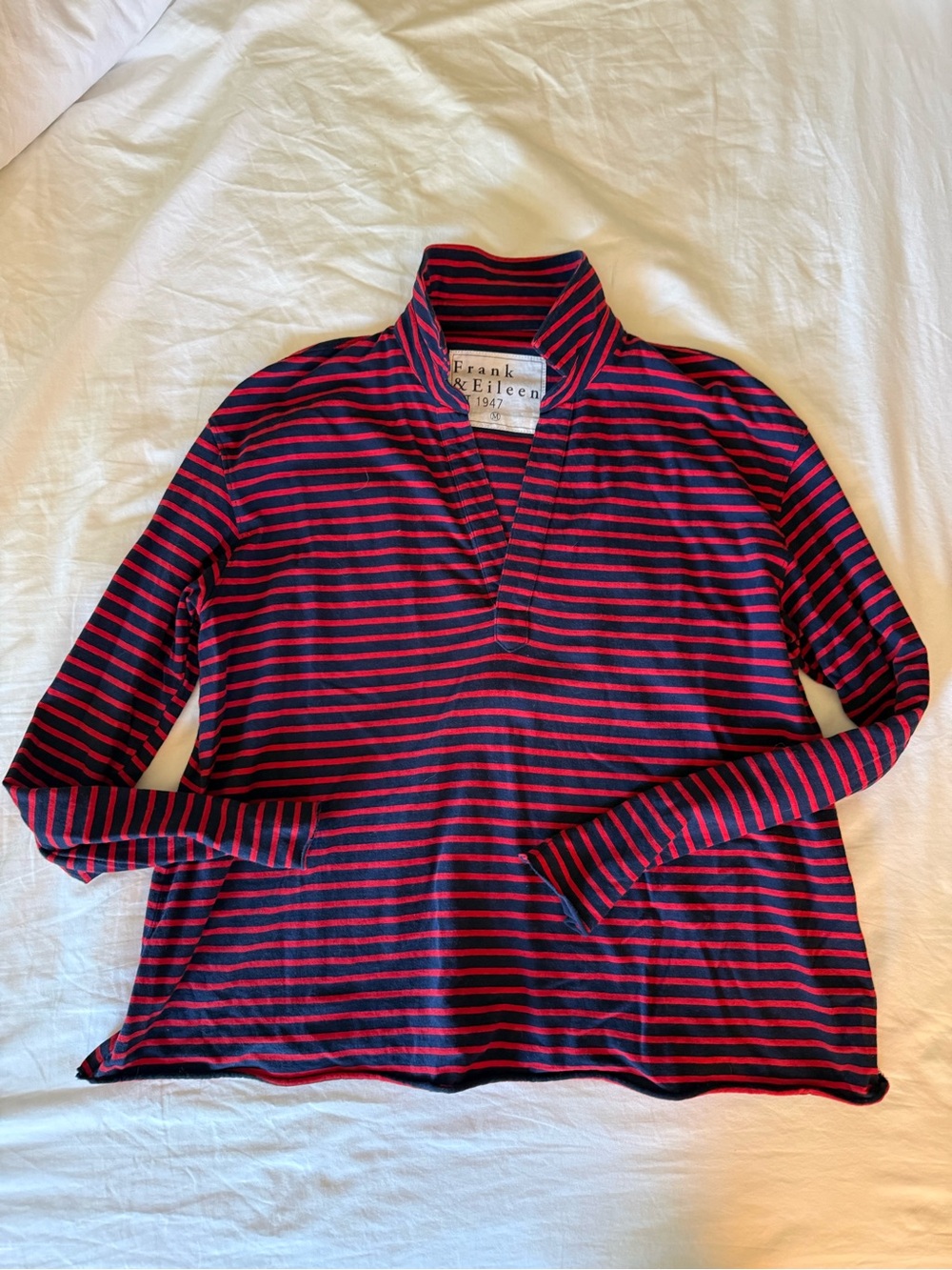Frank & Eileen Navy and Red V‑neck Striped Top